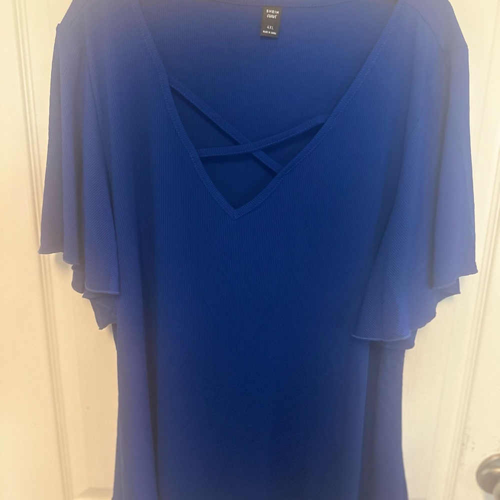 SHEIN Blue Asymmetrical Short Sleeve Blouse